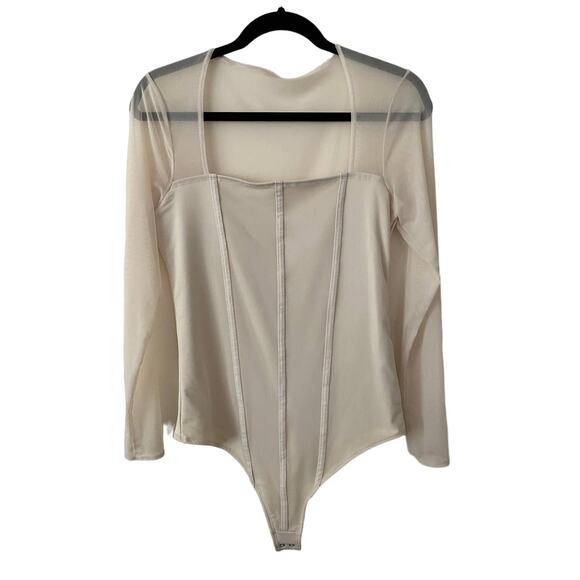 Abercrombie and Fitch Cream Sheer Long Sleeve Square Neck Bodysuit - Large - Picture 1 of 3